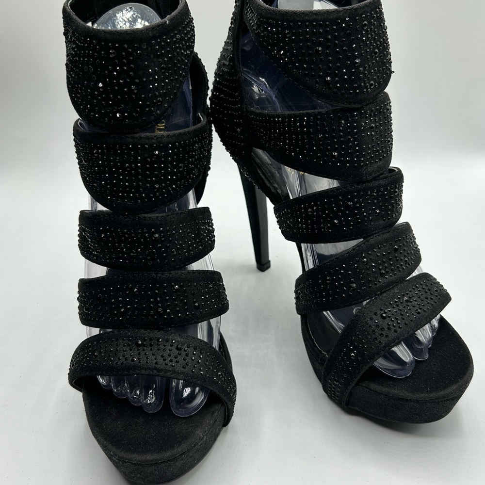 Women’s Olivia Miller Black Rhinestone Open Toe Back Zipper Sandals Size 8 1/2 - Picture 3 of 14